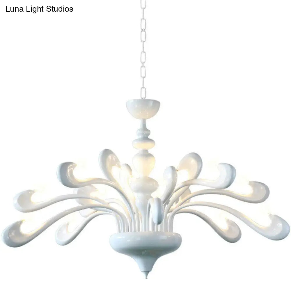 Minimalist Swan Chandelier In White - Metallic Living Room Hanging Light With 12 Bulbs