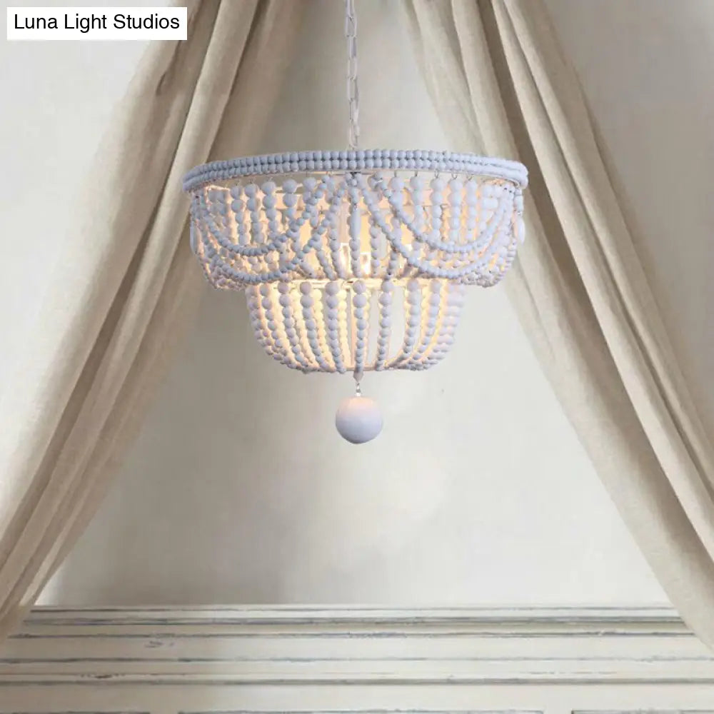 Minimalist Wood Layered Chandelier Lamp With 4 White Pendant Lights And Global Drop