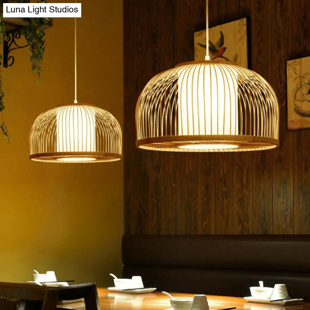 Minimalist Wood Pendant Light With Bamboo Shade - Restaurant Hanging Lighting