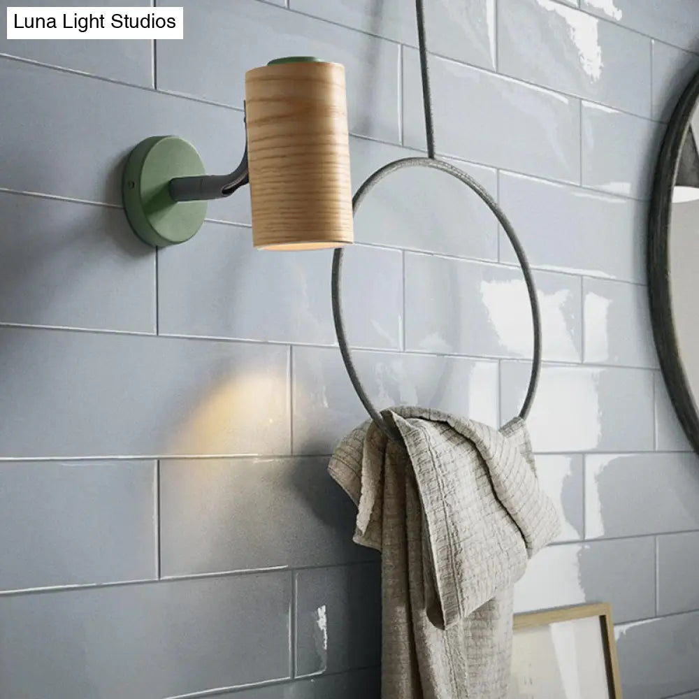 Minimalist Wood Wall Sconce Light For Bathroom - Cylindrical Design With 1 And Yellow/Blue/Green
