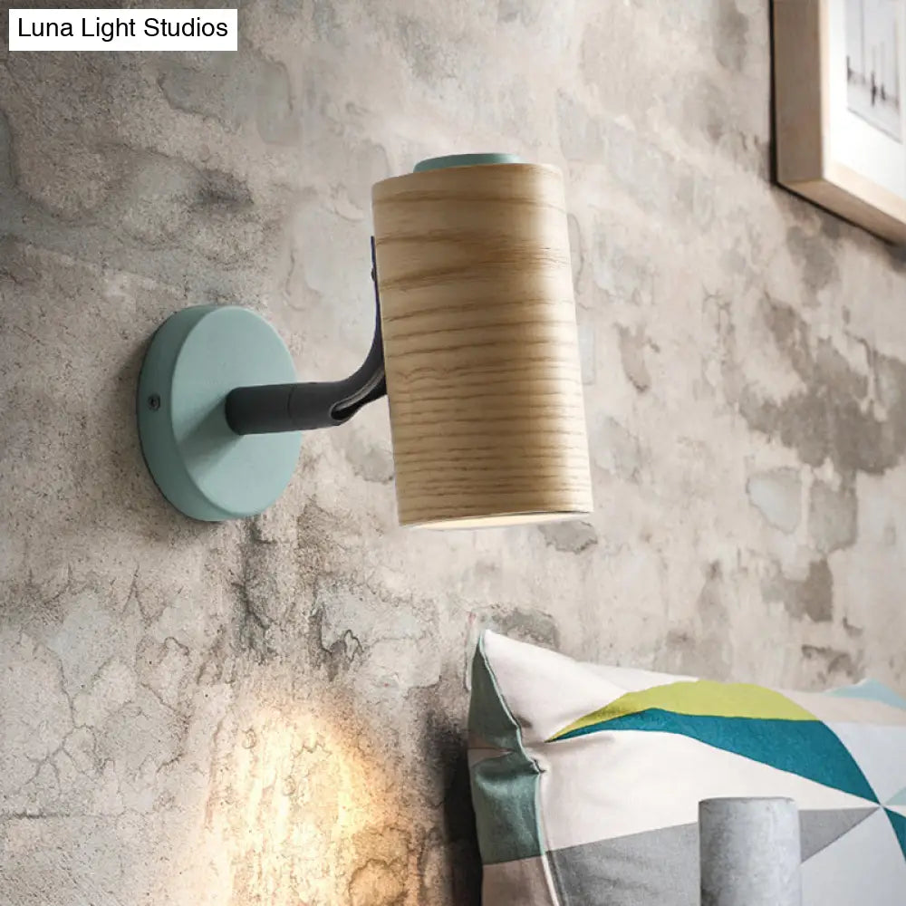 Minimalist Wood Wall Sconce Light For Bathroom - Cylindrical Design With 1 And Yellow/Blue/Green