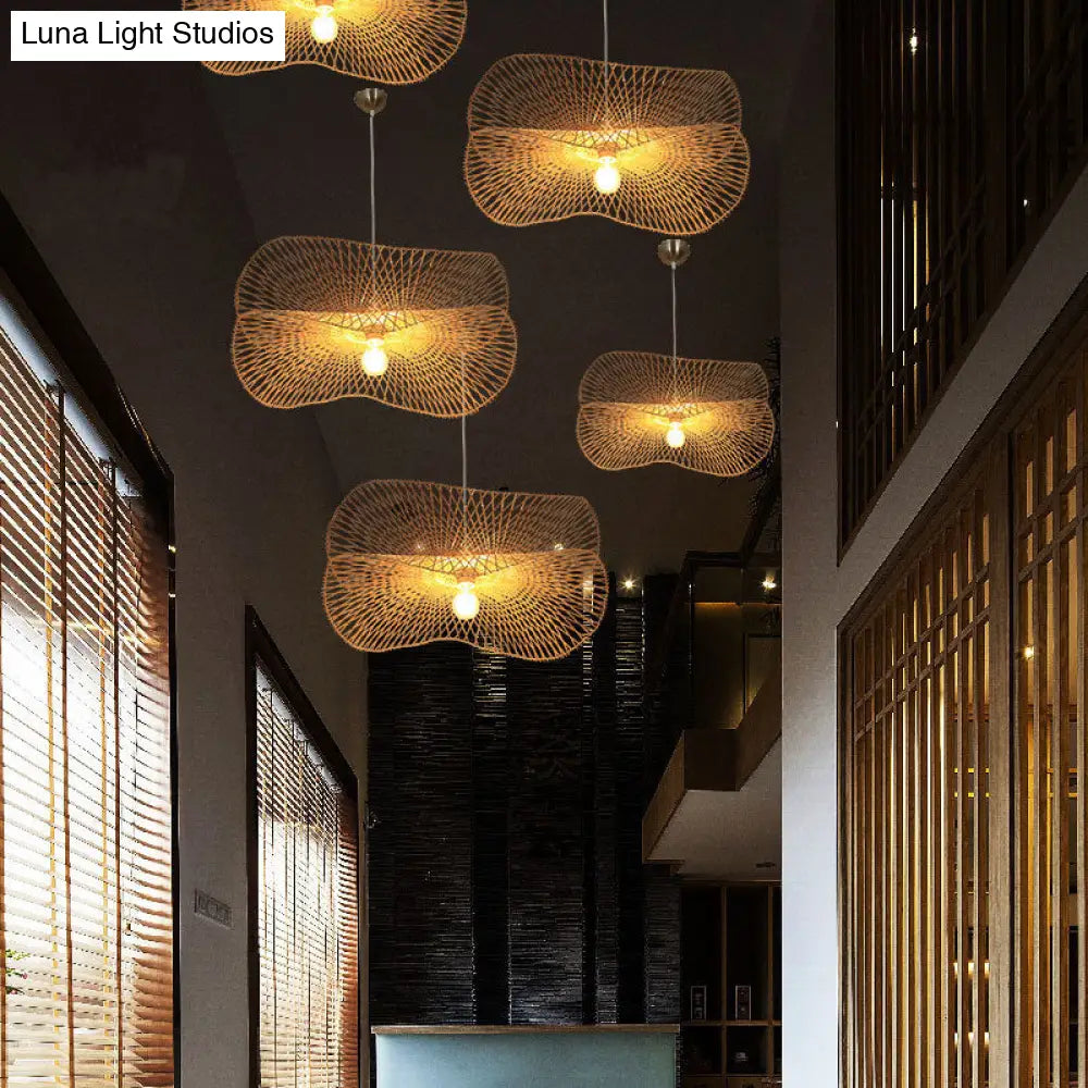 Minimalist Wooden Pendant Lamp With Bamboo Ruffle Shade For Hallways