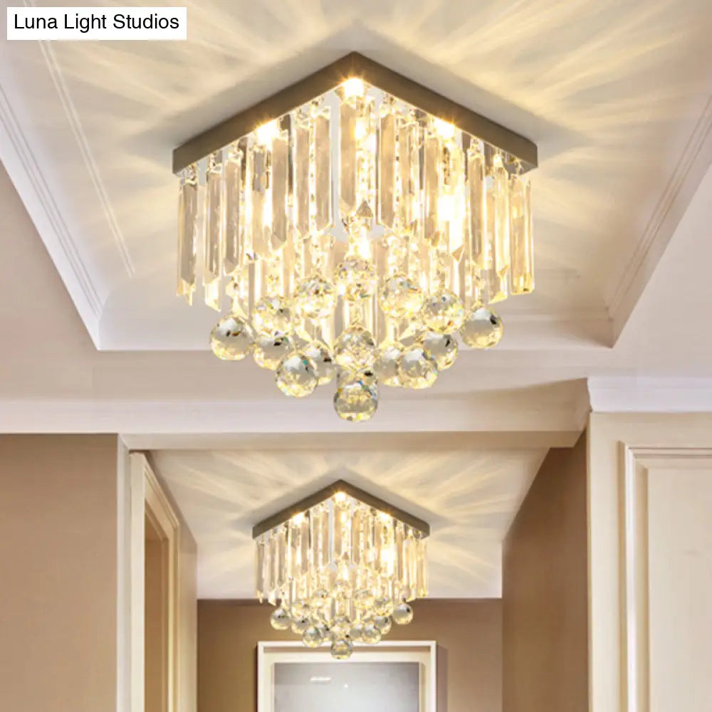 Minimalistic Cube Foyer Ceiling Led Flush Mount Light With Clear Crystal Accents