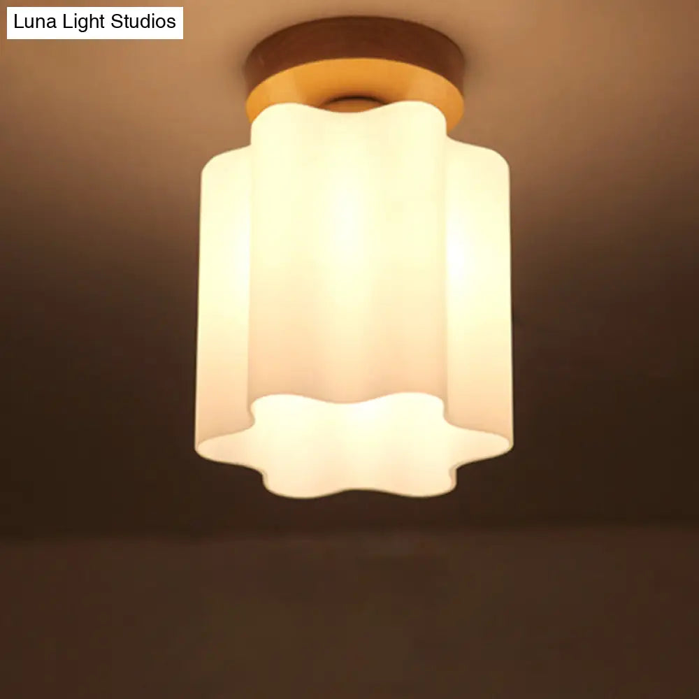 Minimalistic Milky Glass Prism Floral Ceiling Flush Light With Wood Flushmount Design - Ideal For