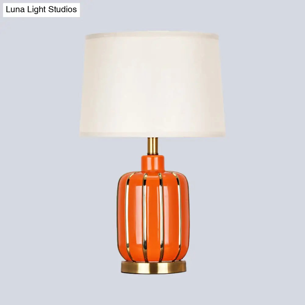 Modern 1- Bulb Nightstand Lamp: Beige/Gold Barrel Reading Light With Fabric Shade