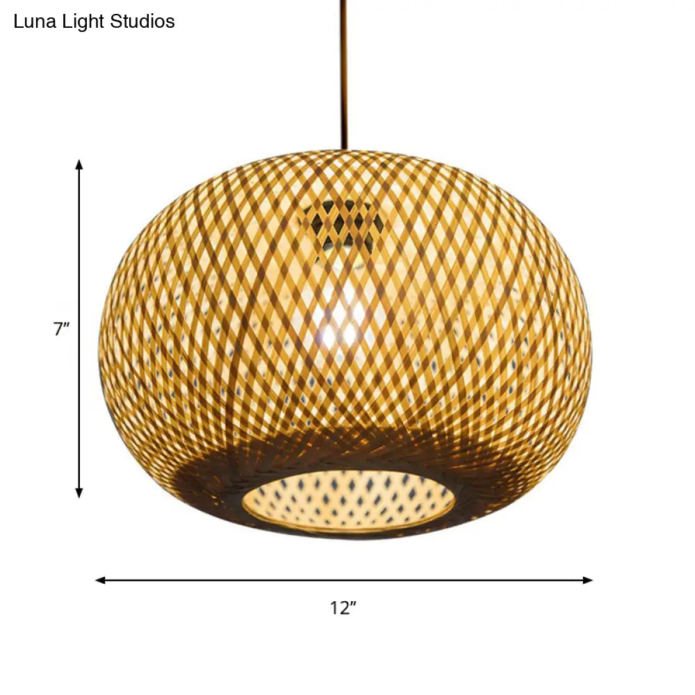 Modern 1-Bulb Wood Pendant Light Fixture With Bamboo Shade - Donut/Hat Hanging Design