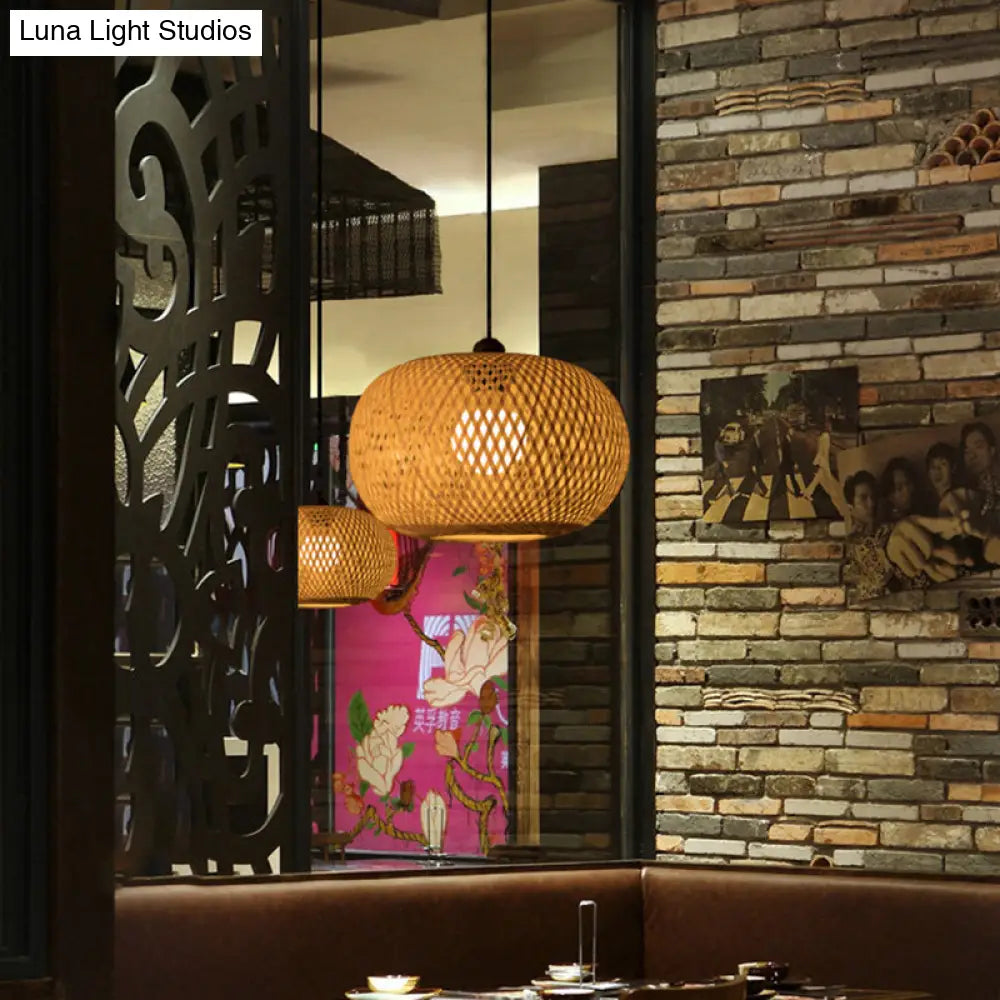 Modern 1-Bulb Wood Pendant Light Fixture With Bamboo Shade - Donut/Hat Hanging Design