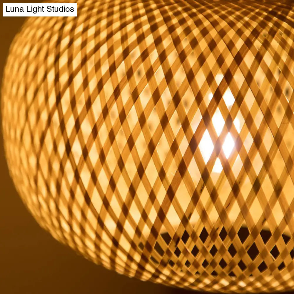 Modern 1-Bulb Wood Pendant Light Fixture With Bamboo Shade - Donut/Hat Hanging Design