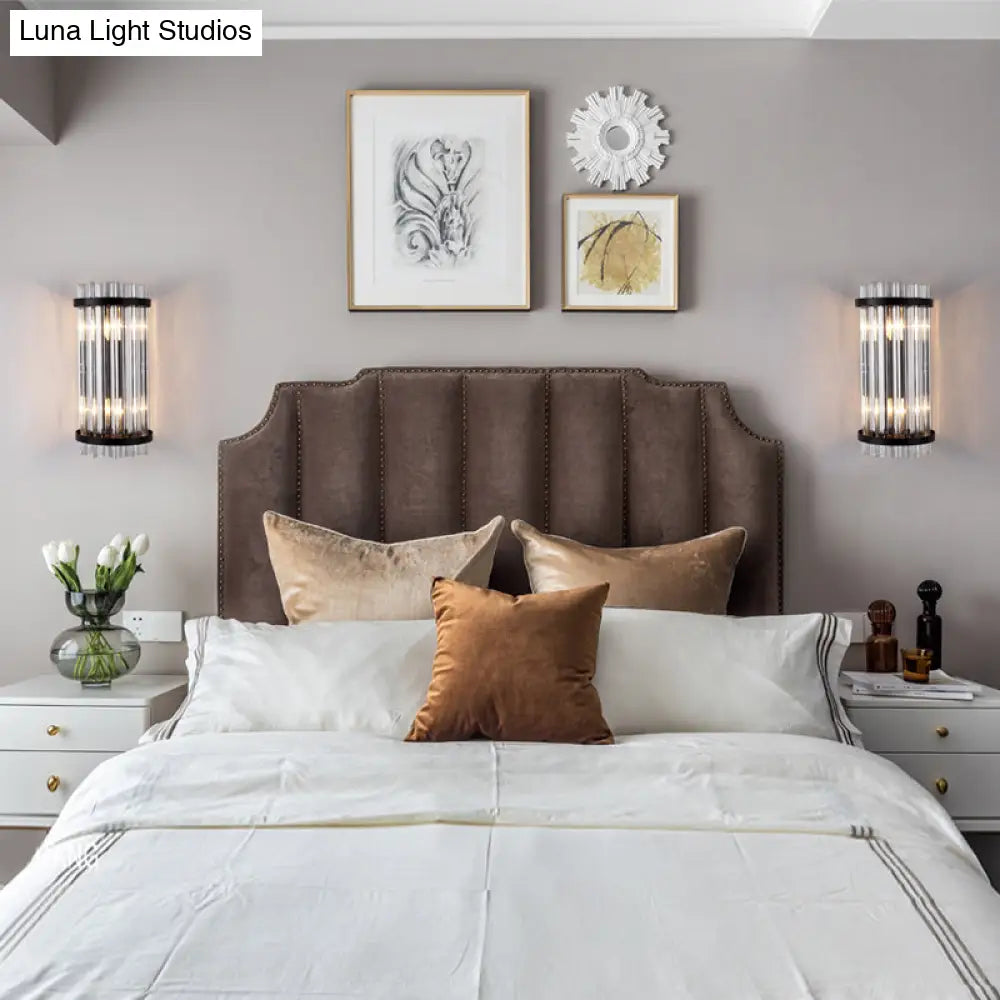 Modern 2-Head Tri-Sided Crystal Rod Cylinder Wall Mount Sconce Light Fixture In Black/Gold