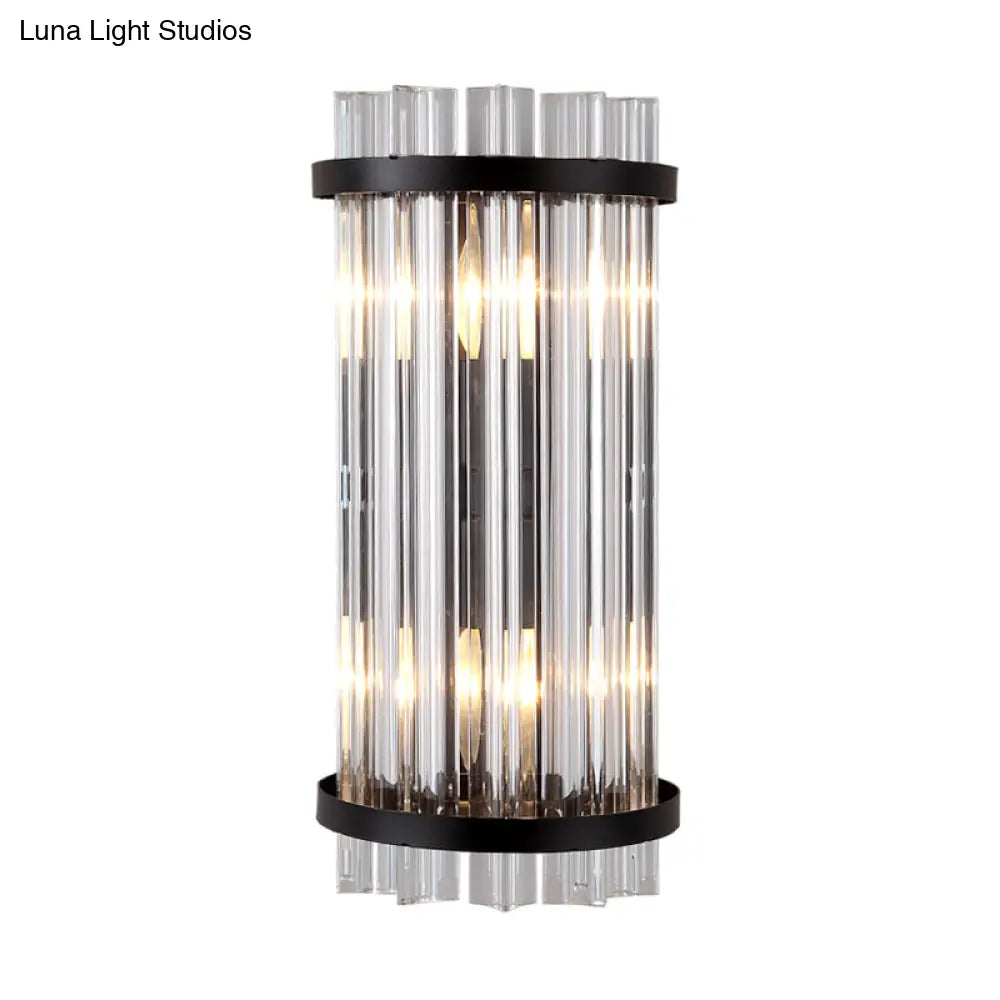 Modern 2-Head Tri-Sided Crystal Rod Cylinder Wall Mount Sconce Light Fixture In Black/Gold