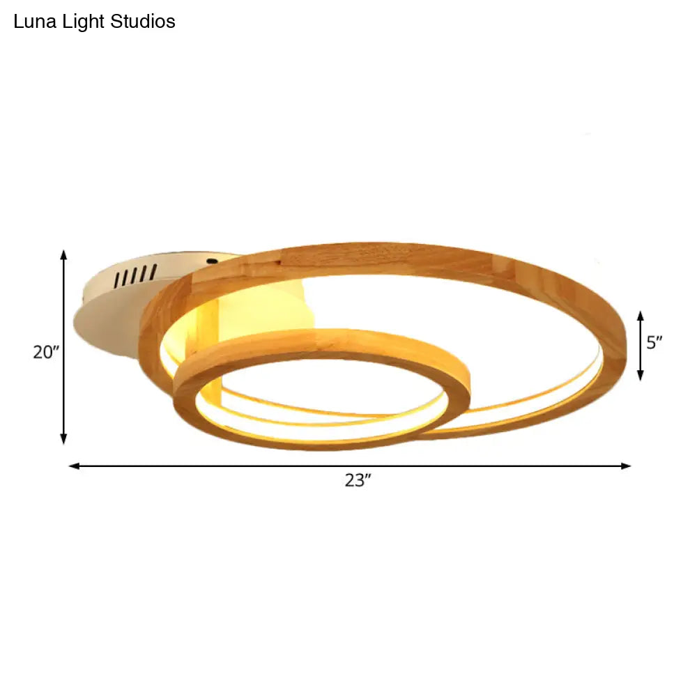Modern 2 - Tier Ring Wood Led Brown Semi Flush Mount For Warm Bedroom Light - 18.5’/23’ Wide