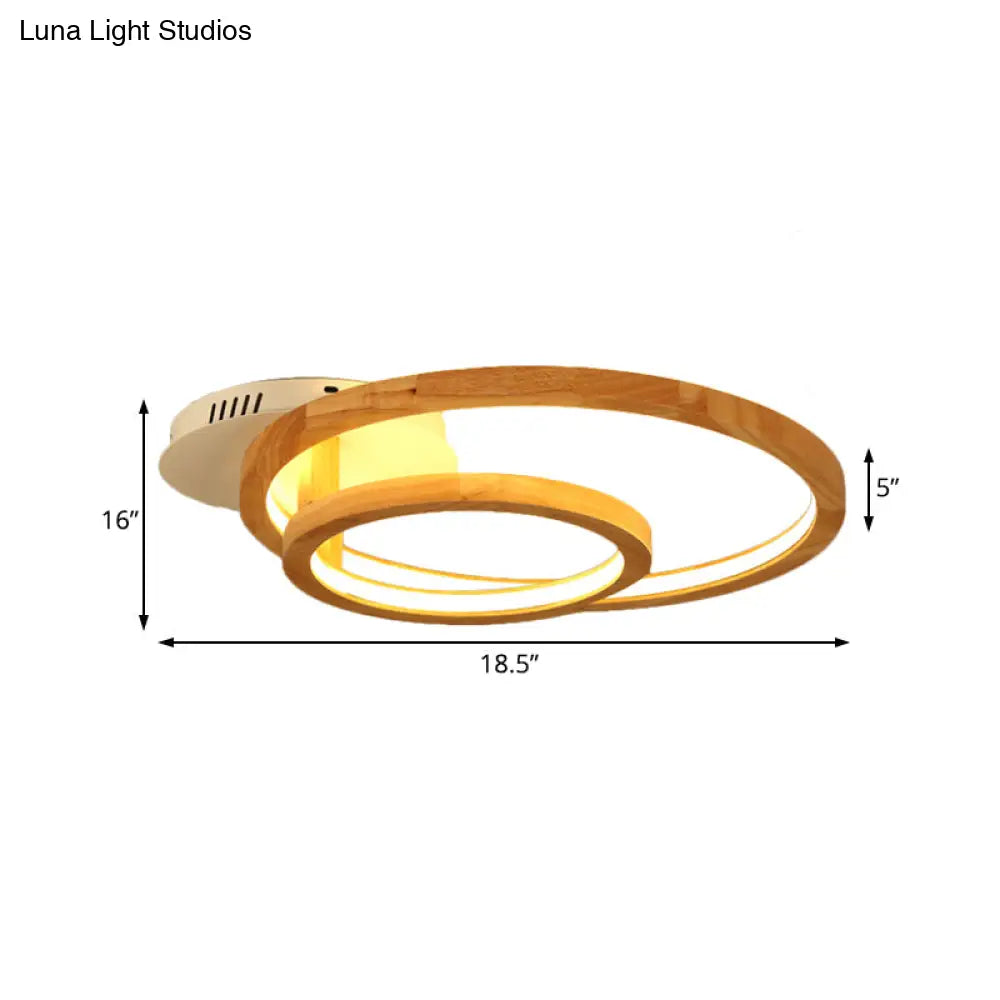 Modern 2 - Tier Ring Wood Led Brown Semi Flush Mount For Warm Bedroom Light - 18.5’/23’ Wide