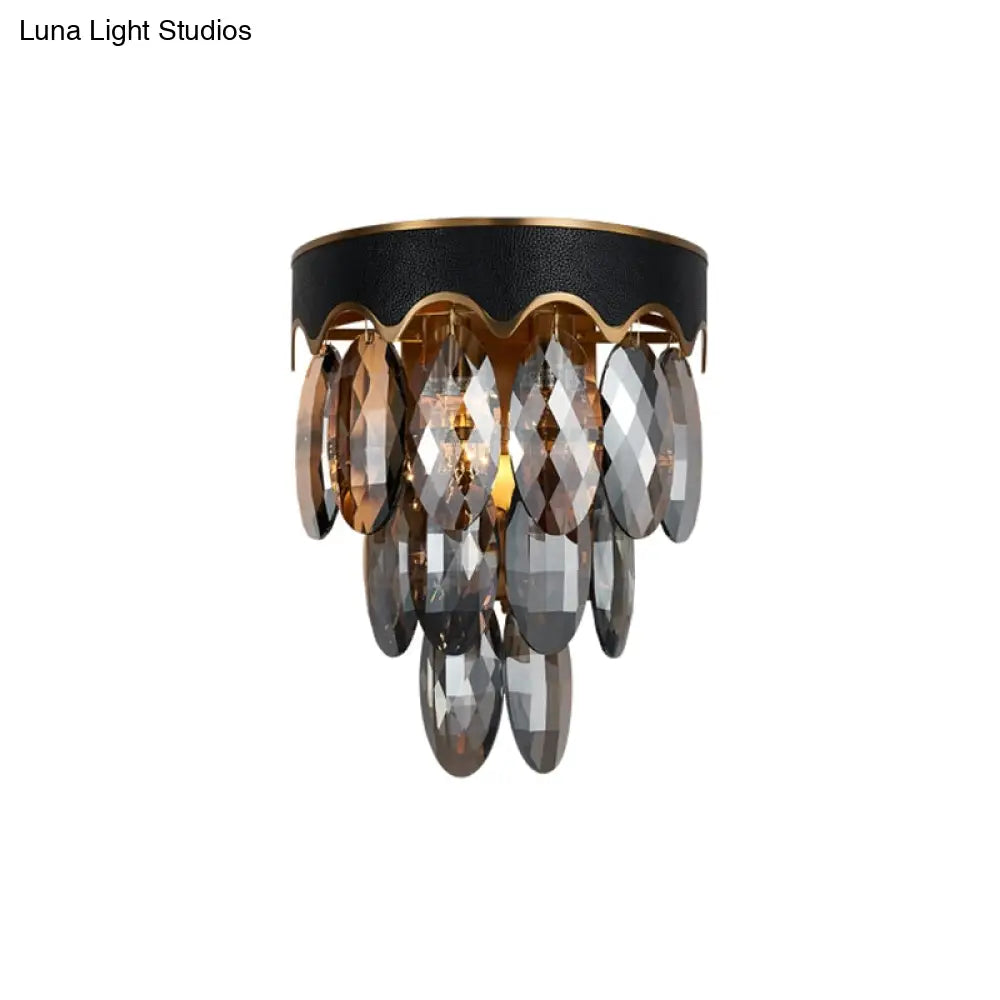 Modern 3-Layer Black Wall Mount Lighting: Beveled K9 Crystal Sconce With 2 Lights For Bedside