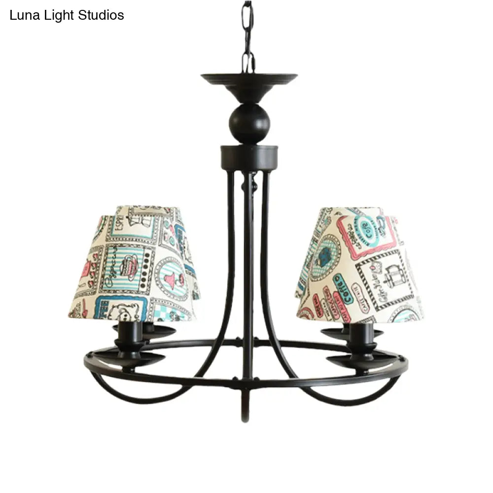 Modern 4-Light Black Fabric Tapered Shade Chandelier For Kids Bedroom Ceiling Pendant