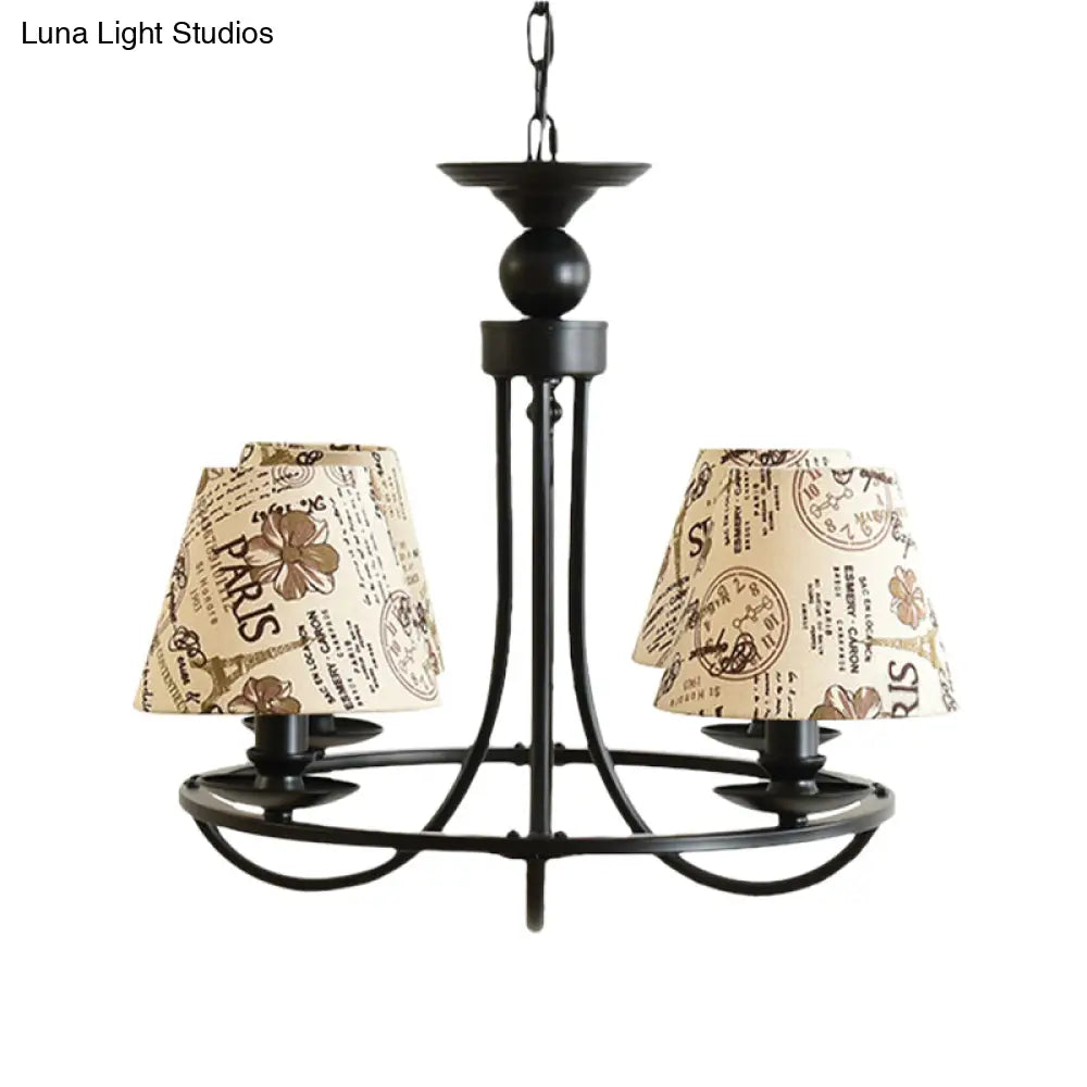 Modern 4-Light Black Fabric Tapered Shade Chandelier For Kids Bedroom Ceiling Pendant