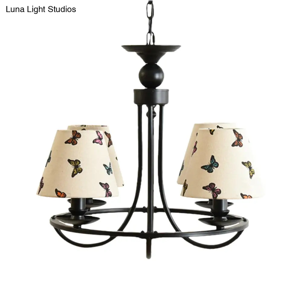 Modern 4-Light Black Fabric Tapered Shade Chandelier For Kids Bedroom Ceiling Pendant