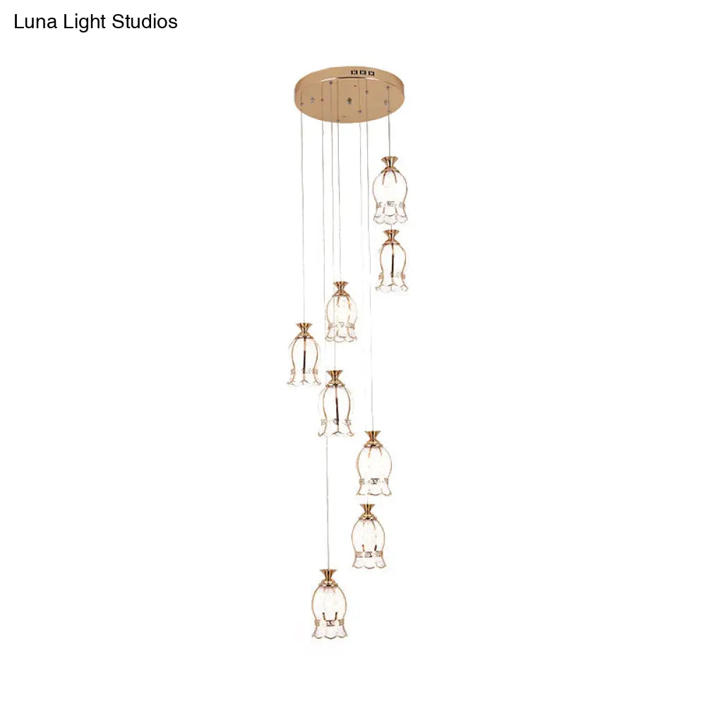 Modern 8-Light Flower Hanging Pendant Lamp With Brass Textured Glass Cluster