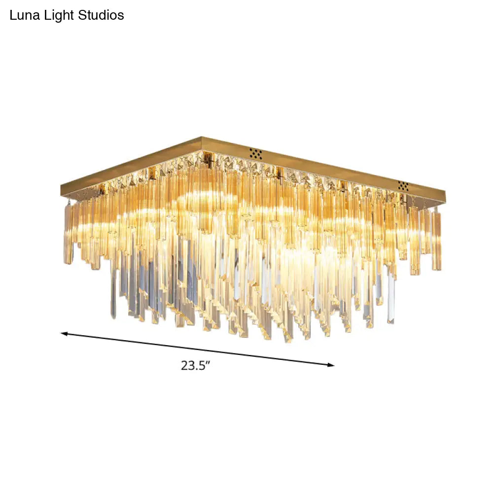 Modern 9 - Light Clear Crystal Flush Mount Ceiling Light With Tiered Design And Rectangle Canopy