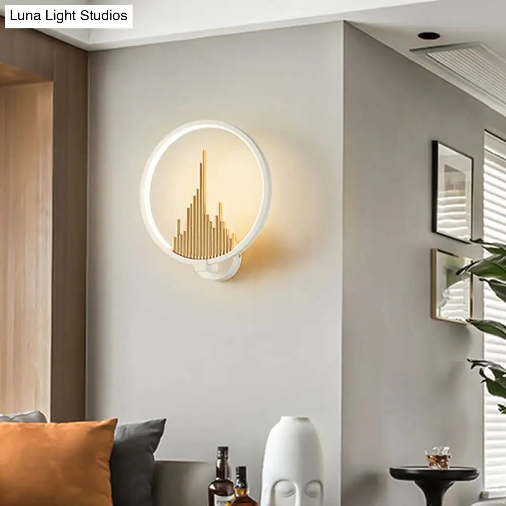Modern Acrylic Halo-Ring Led Sconce Light In Black/White With Mountain Pattern - Warm Lighting