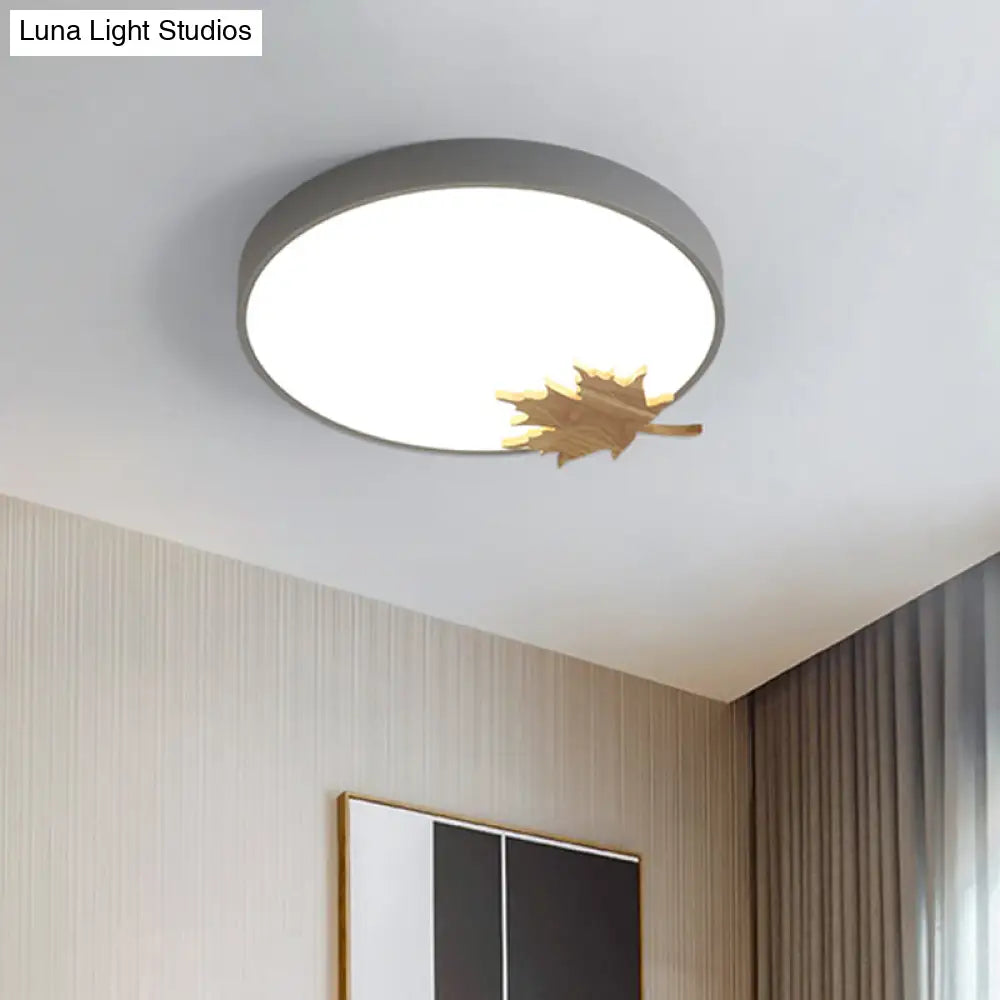 Modern Acrylic Led Drum Ceiling Mount Flush Light Fixture For Bedroom - Gray/White/Green With Maple