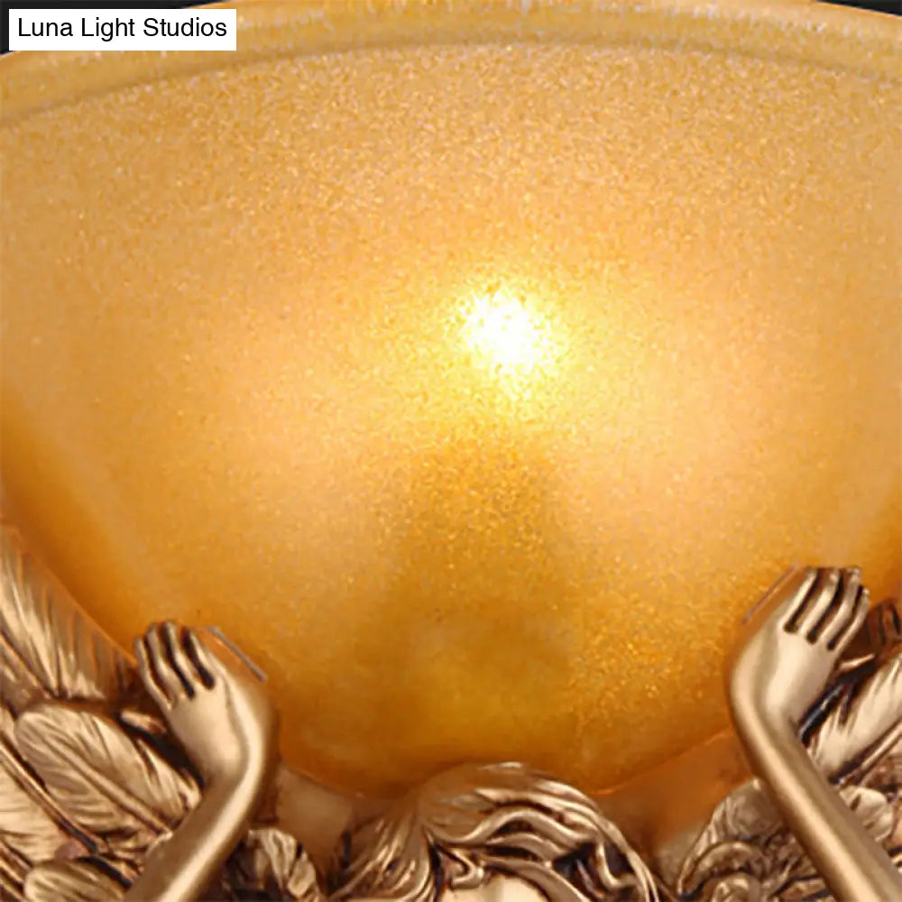 Modern Amber Glass Bowl Wall Lamp - 1 Light Bedroom Sconce With Gold/White Angel Design