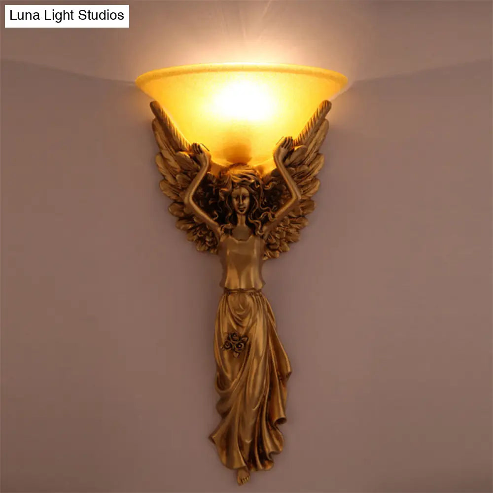 Modern Amber Glass Bowl Wall Lamp - 1 Light Bedroom Sconce With Gold/White Angel Design