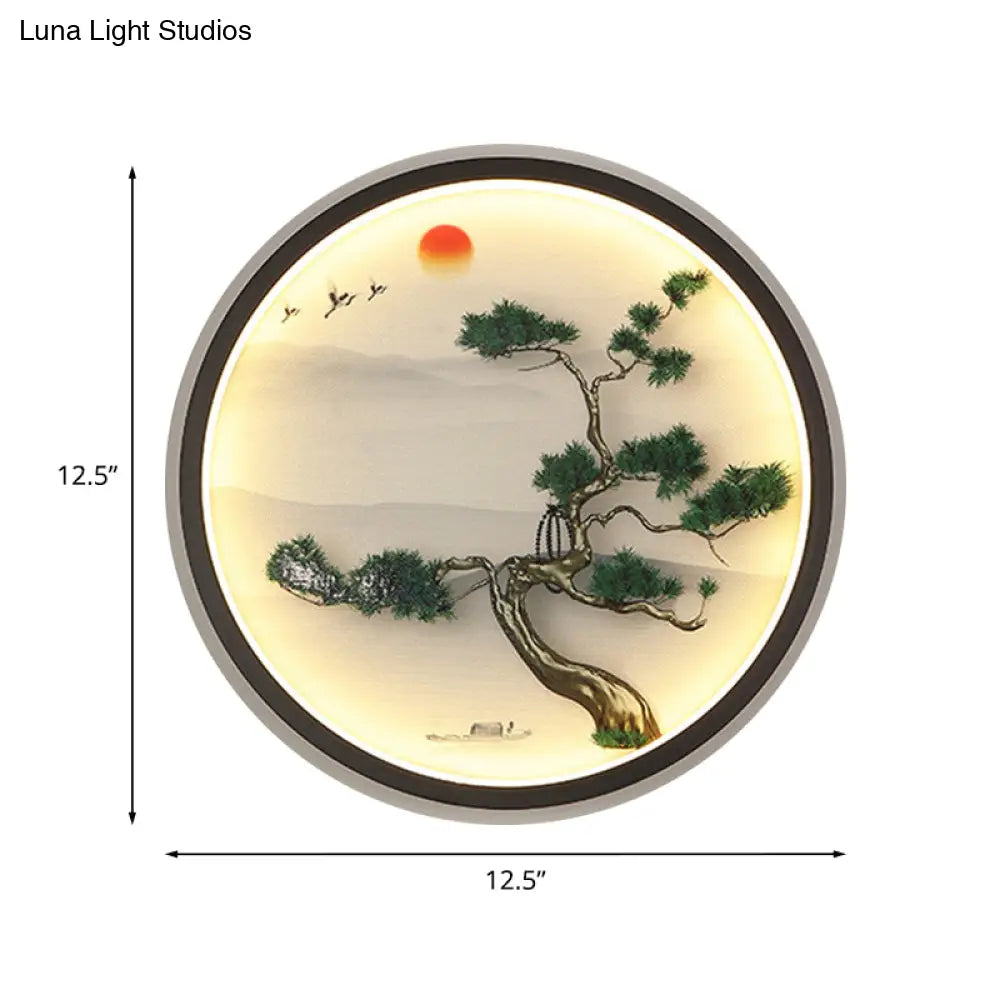 Modern Asian Metal Led Wall Lamp With Green Pine Mural And Black Round Frame
