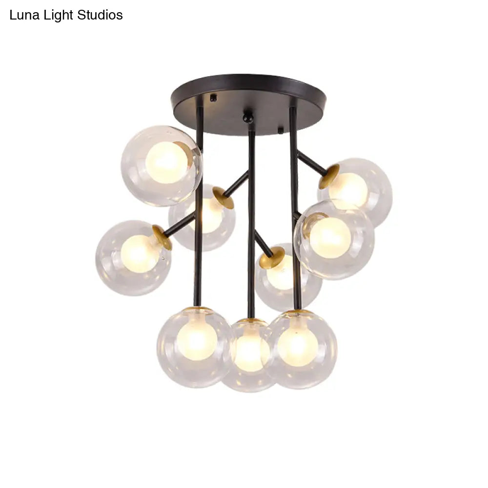 Modern Ball Semi - Mount Clear Glass Ceiling Lamp With Black/Gold Finish - 9/12 Heads Ideal For