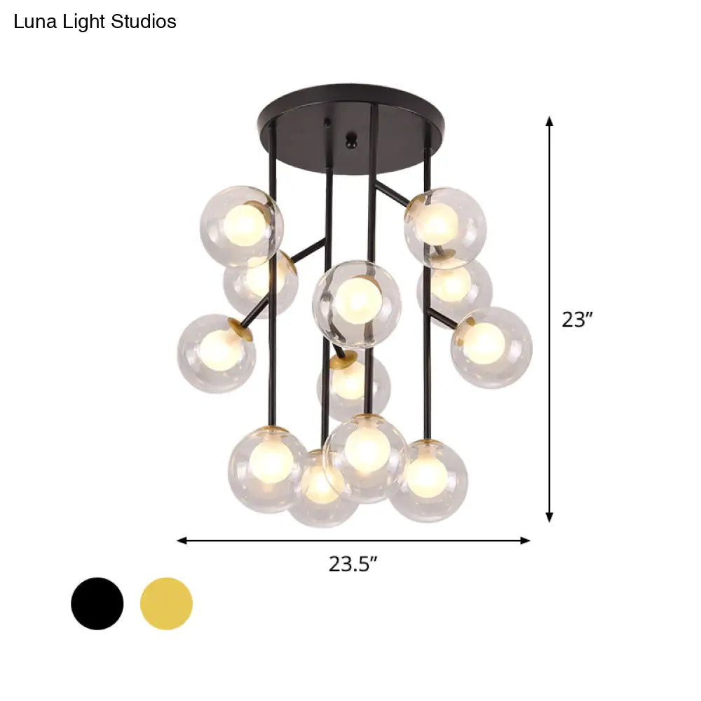 Modern Ball Semi - Mount Clear Glass Ceiling Lamp With Black/Gold Finish - 9/12 Heads Ideal For