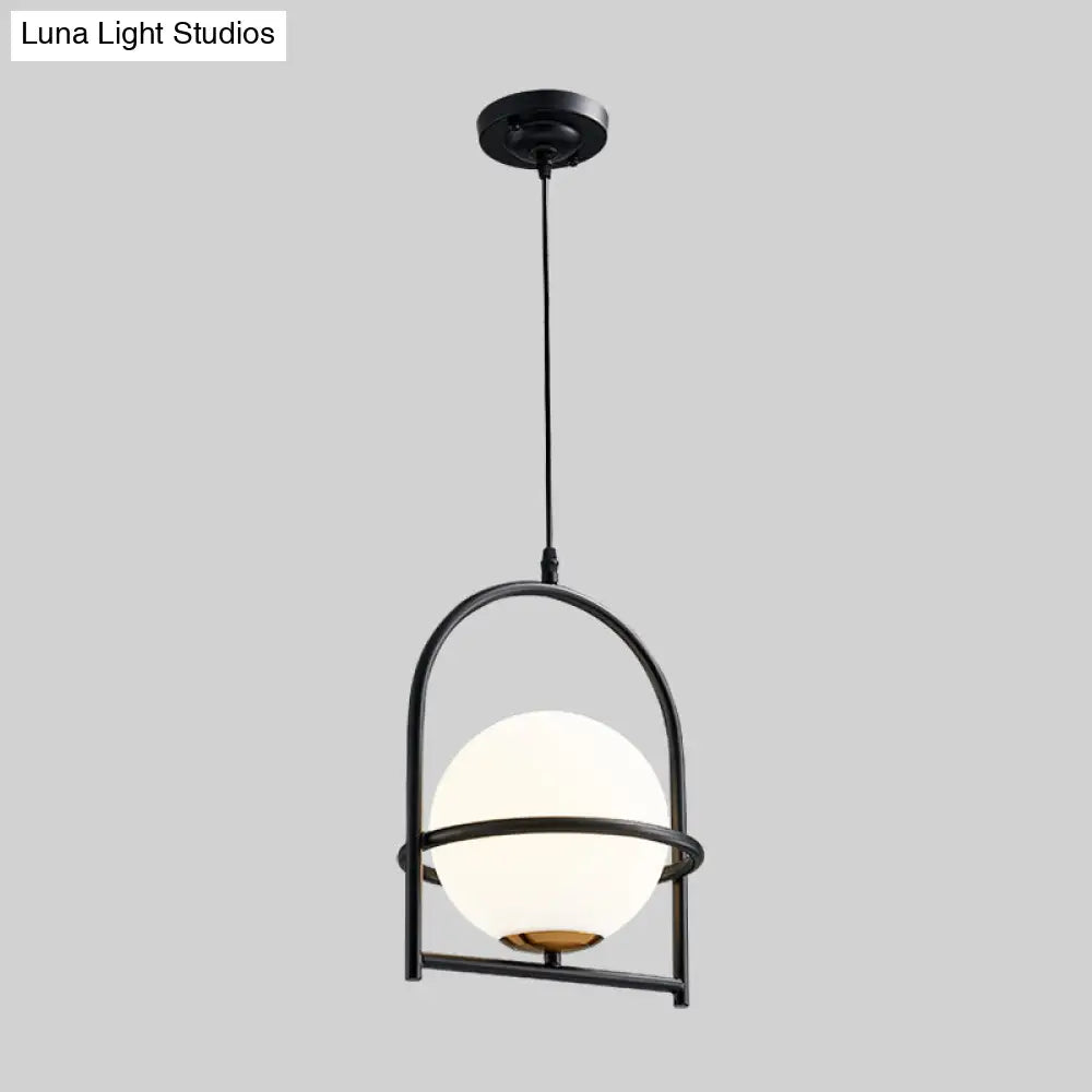 Modern Ball Suspension Light with Birdcage Design Opal Glass 1 Bulb 9’’/11’’ Wide Bedside Ceiling Fixture - Black/Gold