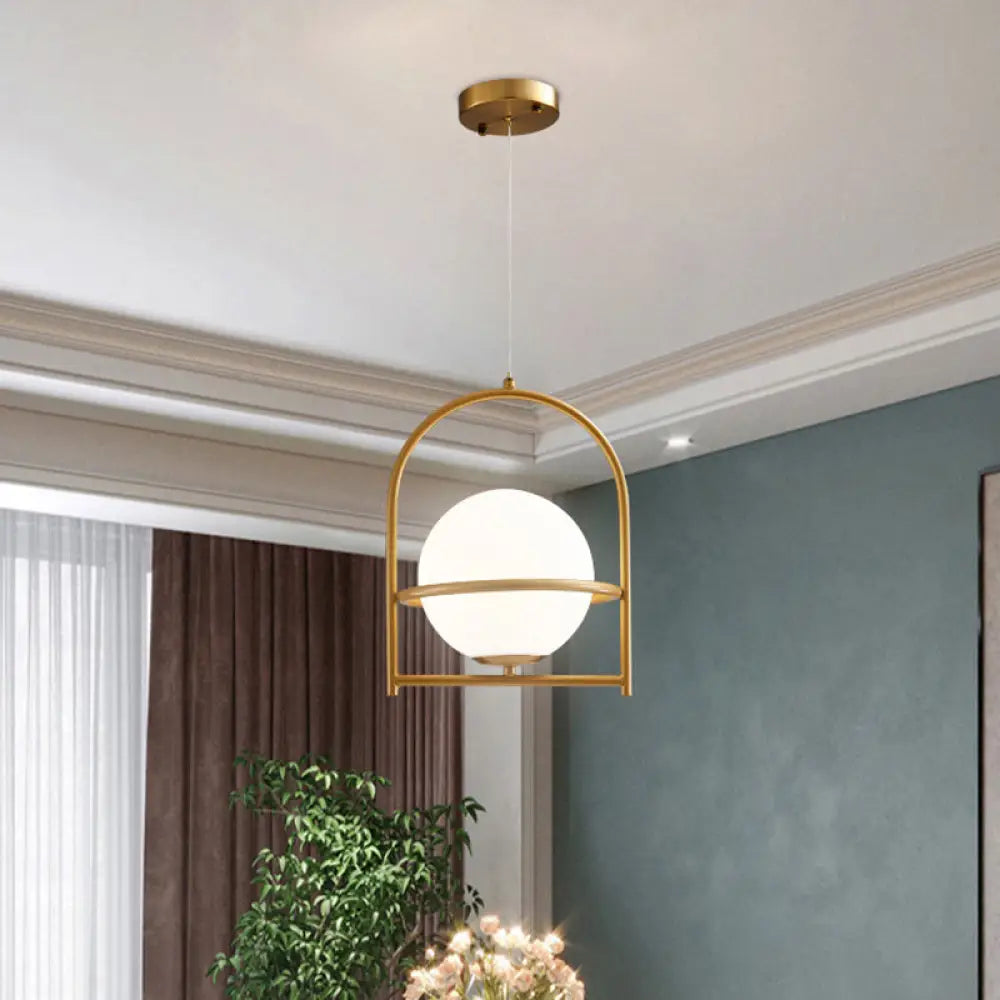 Opal Glass Ball Light With Birdcage Design - Modern Ceiling Fixture For Bedside Black/Gold 9/11