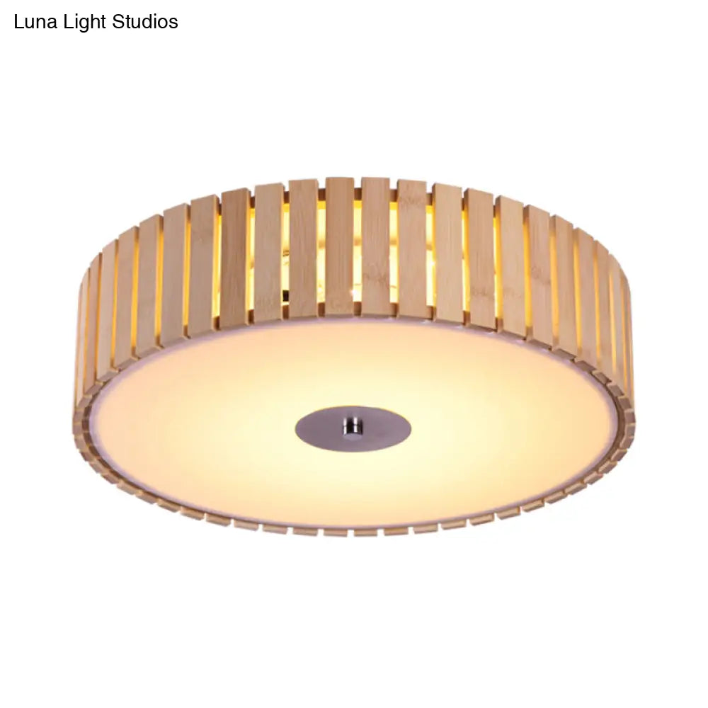 Modern Bamboo Flush Mount Led Ceiling Light 15’/19’ W Beige Drum Shade Fixture For Living Room