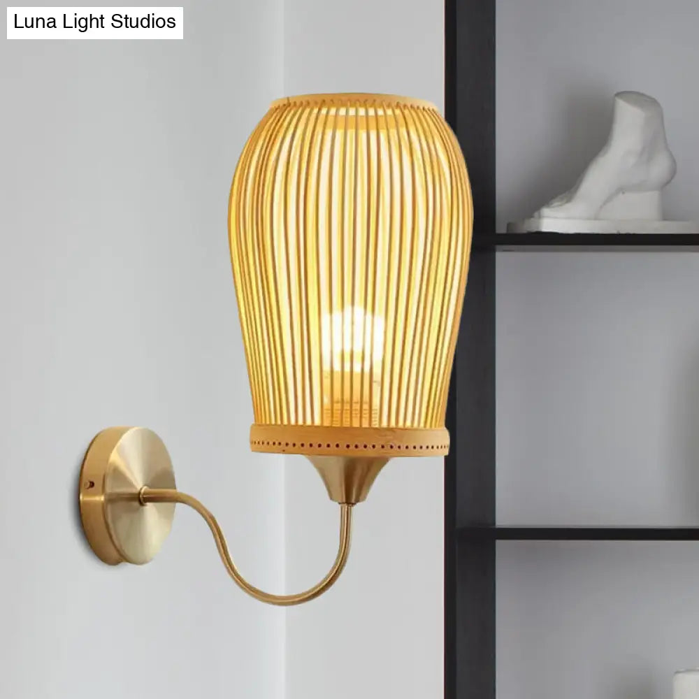 Modern Bamboo Hand-Woven Wall Sconce With Metal Gooseneck Arm - Beige 1-Light Mount Lamp