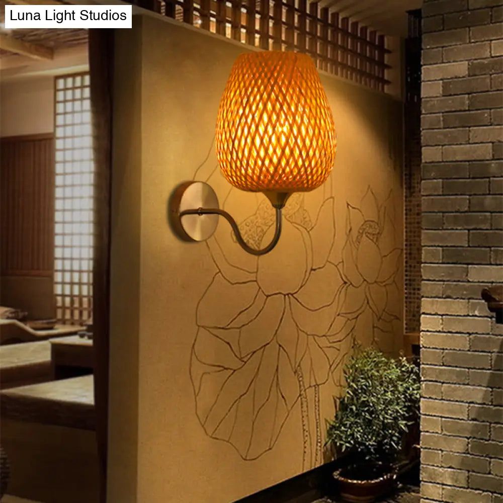 Modern Bamboo Wall Sconce With Wood Fixture And Curved Metal Arm