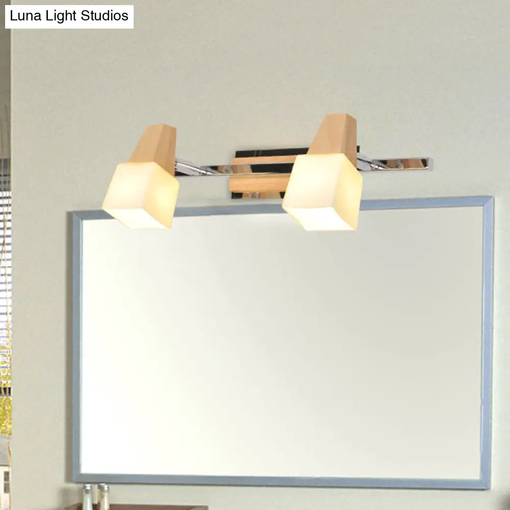 Modern Beige Cube Vanity Light Fixture With 2-Light Milk White Glass Shade Wall Mount Lamp