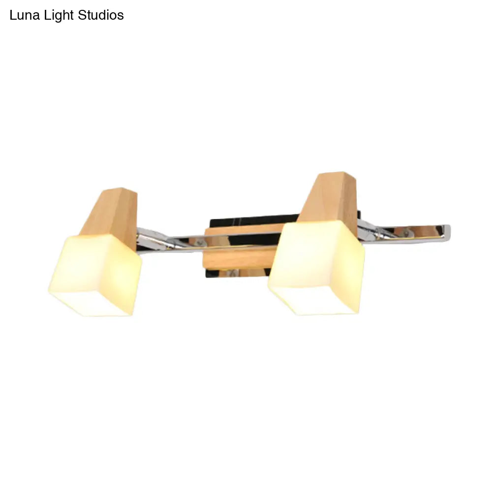 Modern Beige Cube Vanity Light Fixture With 2-Light Milk White Glass Shade Wall Mount Lamp
