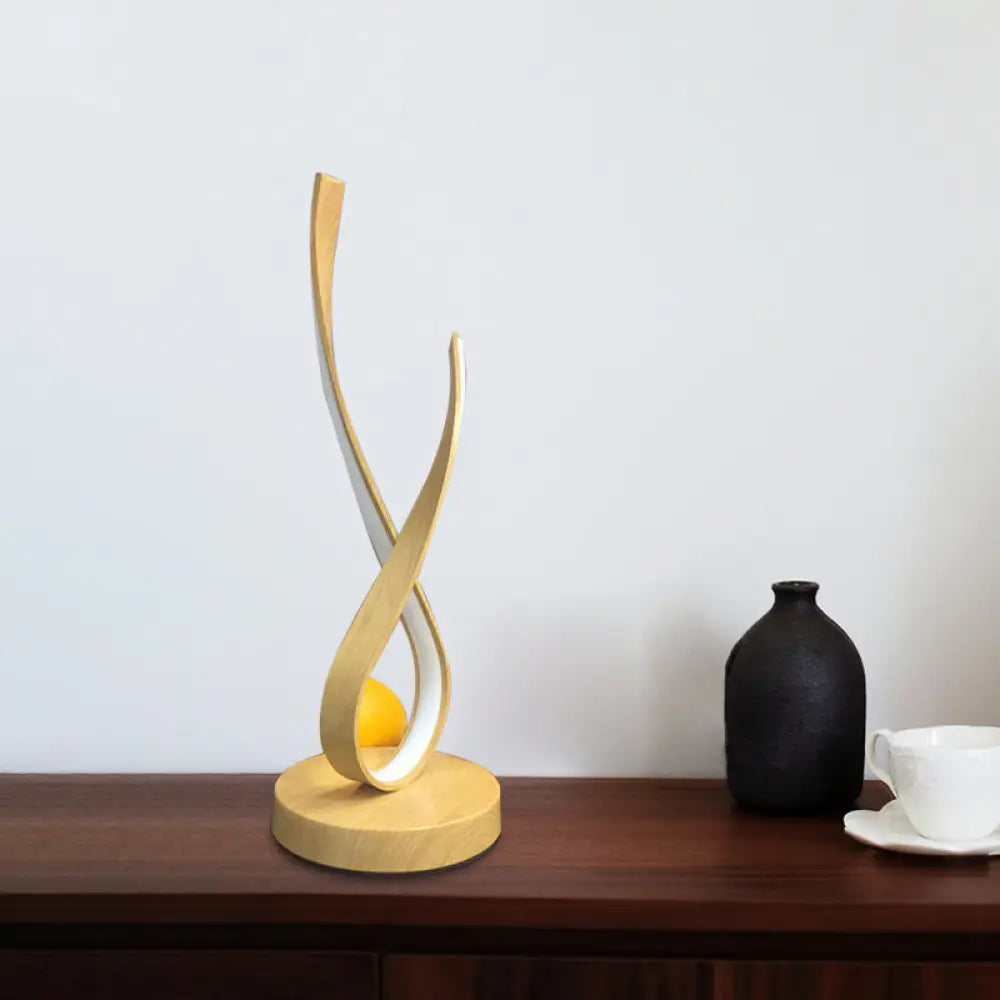 Modern Beige Finish Twisted Desk Lamp With Led Acrylic Nightstand Lighting Wooden Base