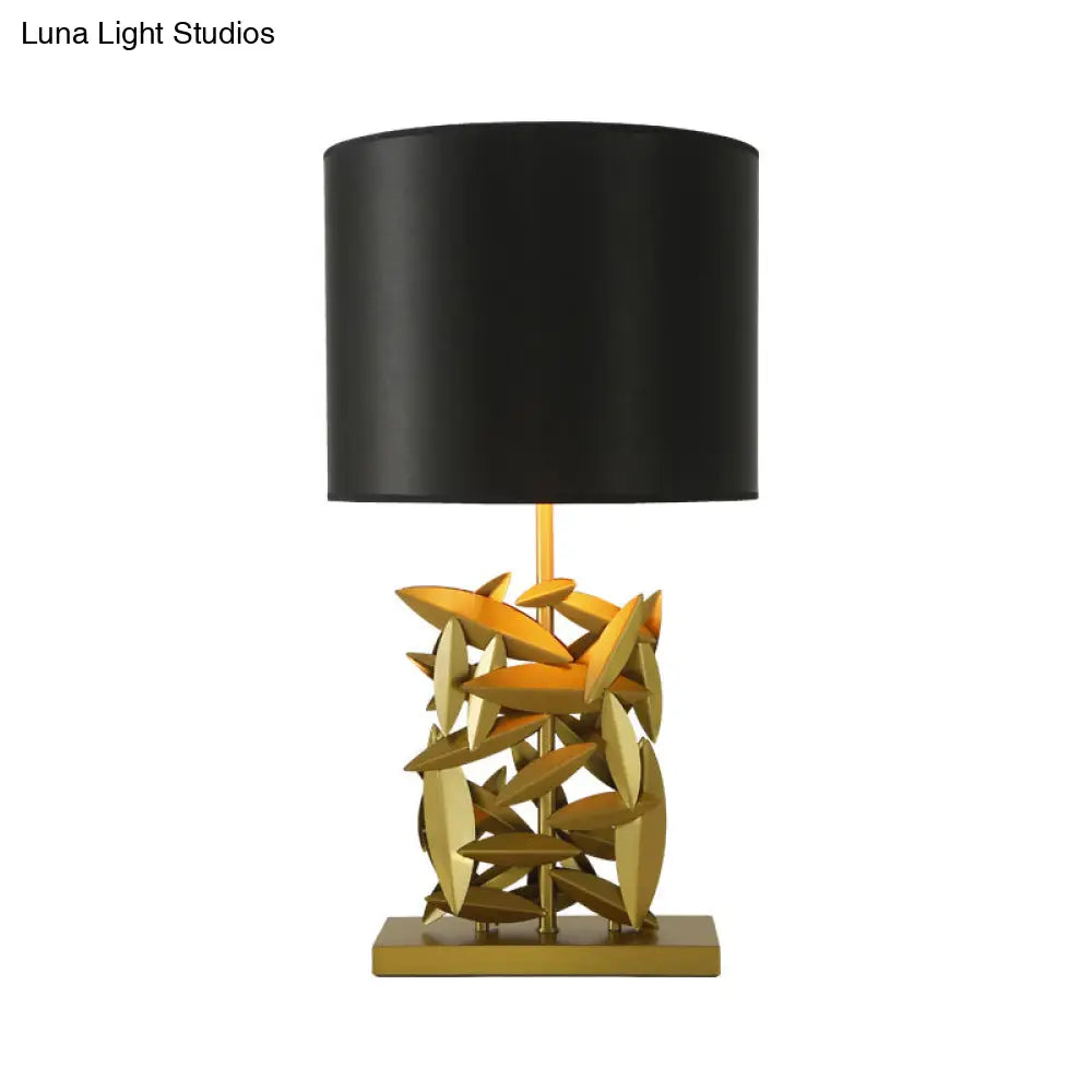 Modern Black Barrel Table Light With Fabric Shade And Gold Metal Base