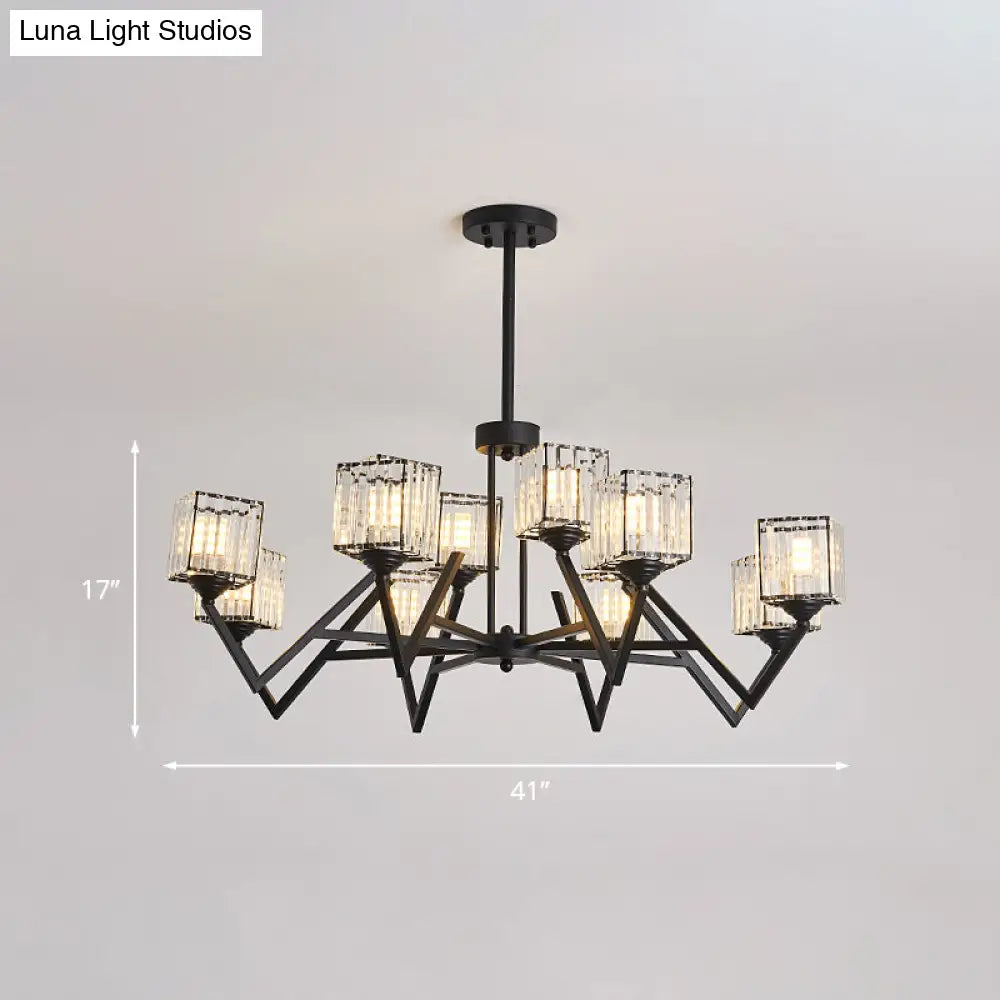Modern Black Crystal Block Semi Flushmount Ceiling Lamp - 12 Lights V - Like Arm For Living Room