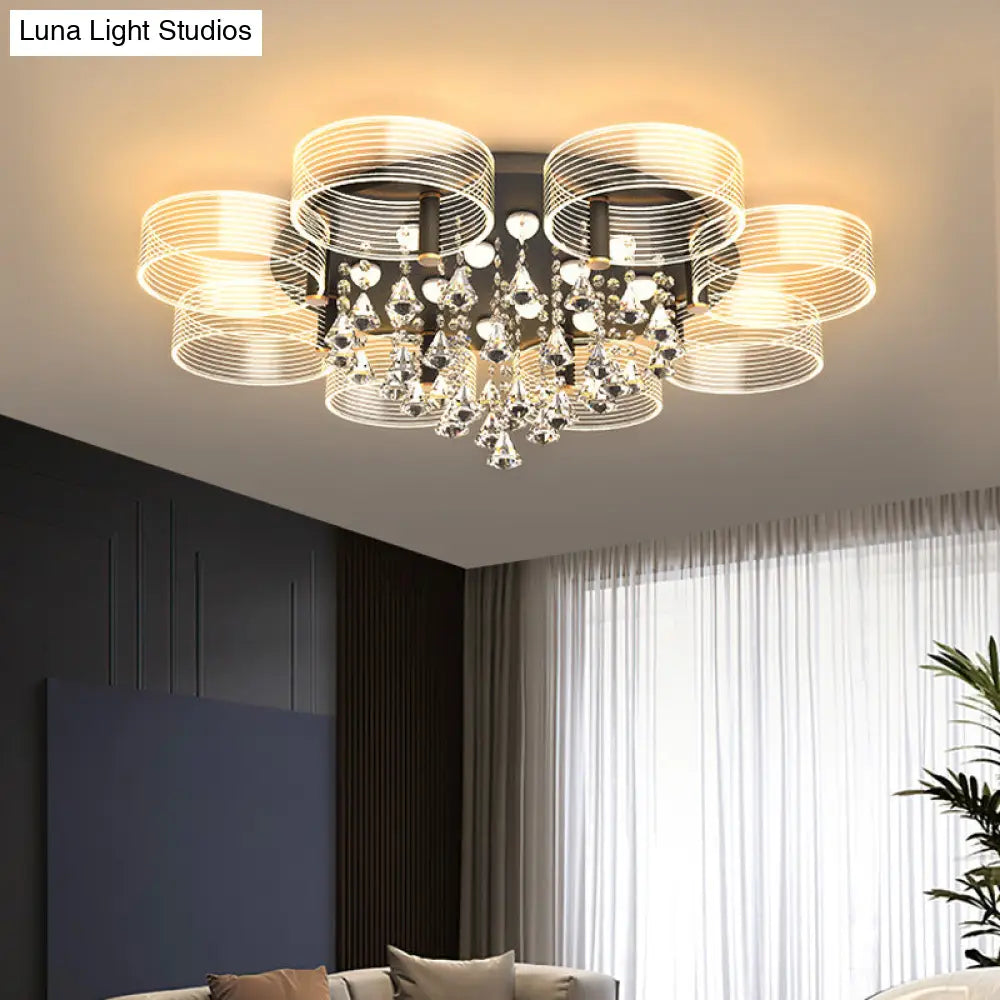 Modern Black - Gold Led Ceiling Light With Flower Design - Acrylic Round Semi Mount