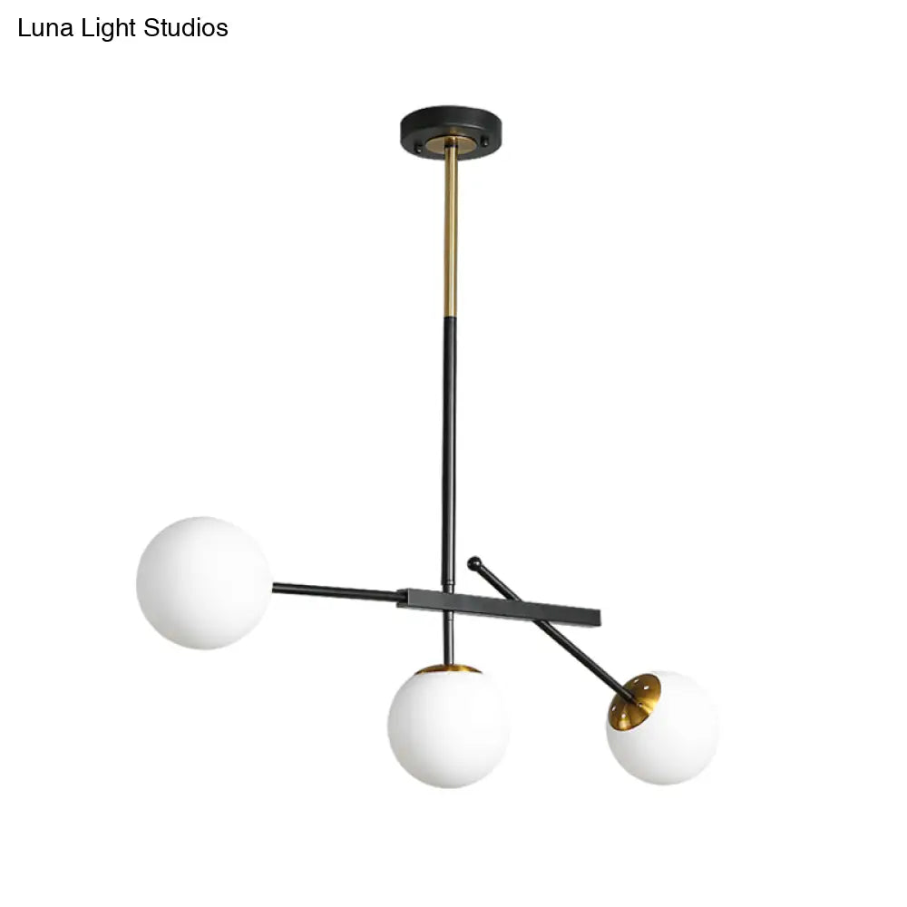 Modern Black-Gold Opal Glass Chandelier - Branching Suspension Pendant With 3 Lights