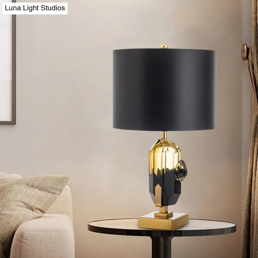 Modern Black Night Table Lamp With Crystal Base: Straight Sided Shade Fabric 1 Bulb