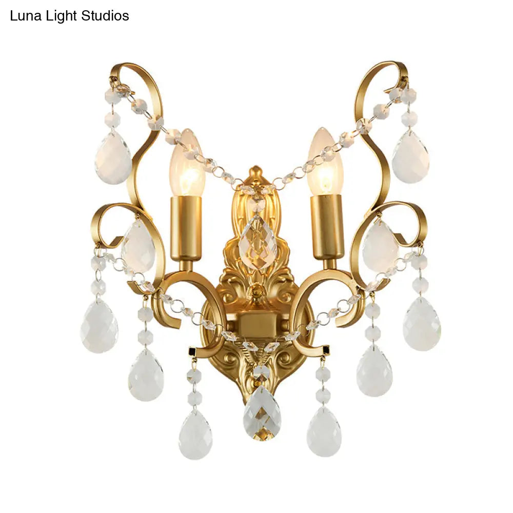 Modern Brass Wall Sconce With Teardrop Crystal - Flush Mount 1/2 Lights