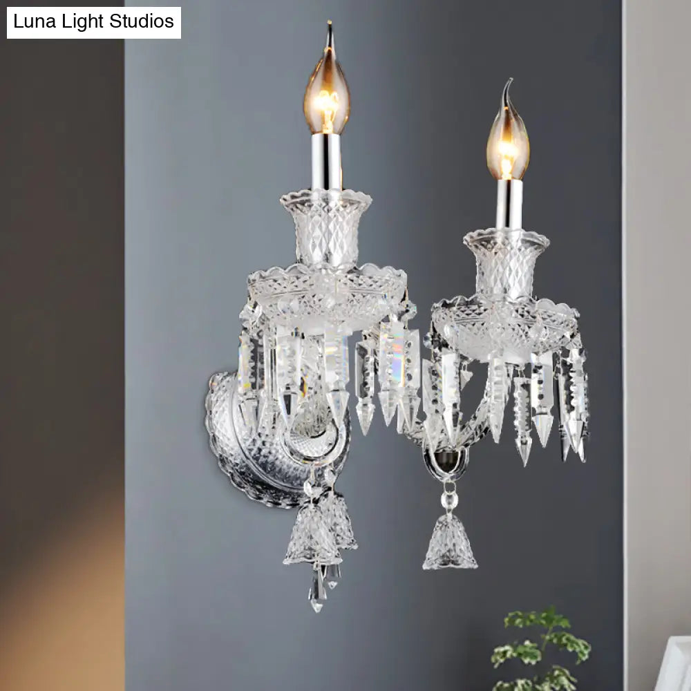 Modern Chrome Candelabra Wall Light With Clear Glass And Diamond Crystal Decoration