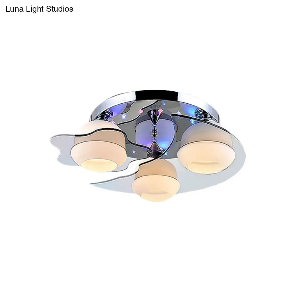 Modern Chrome Floral Flushmount Ceiling Light With Crystal Ball Drop - White Glass 3/5-Head Ideal