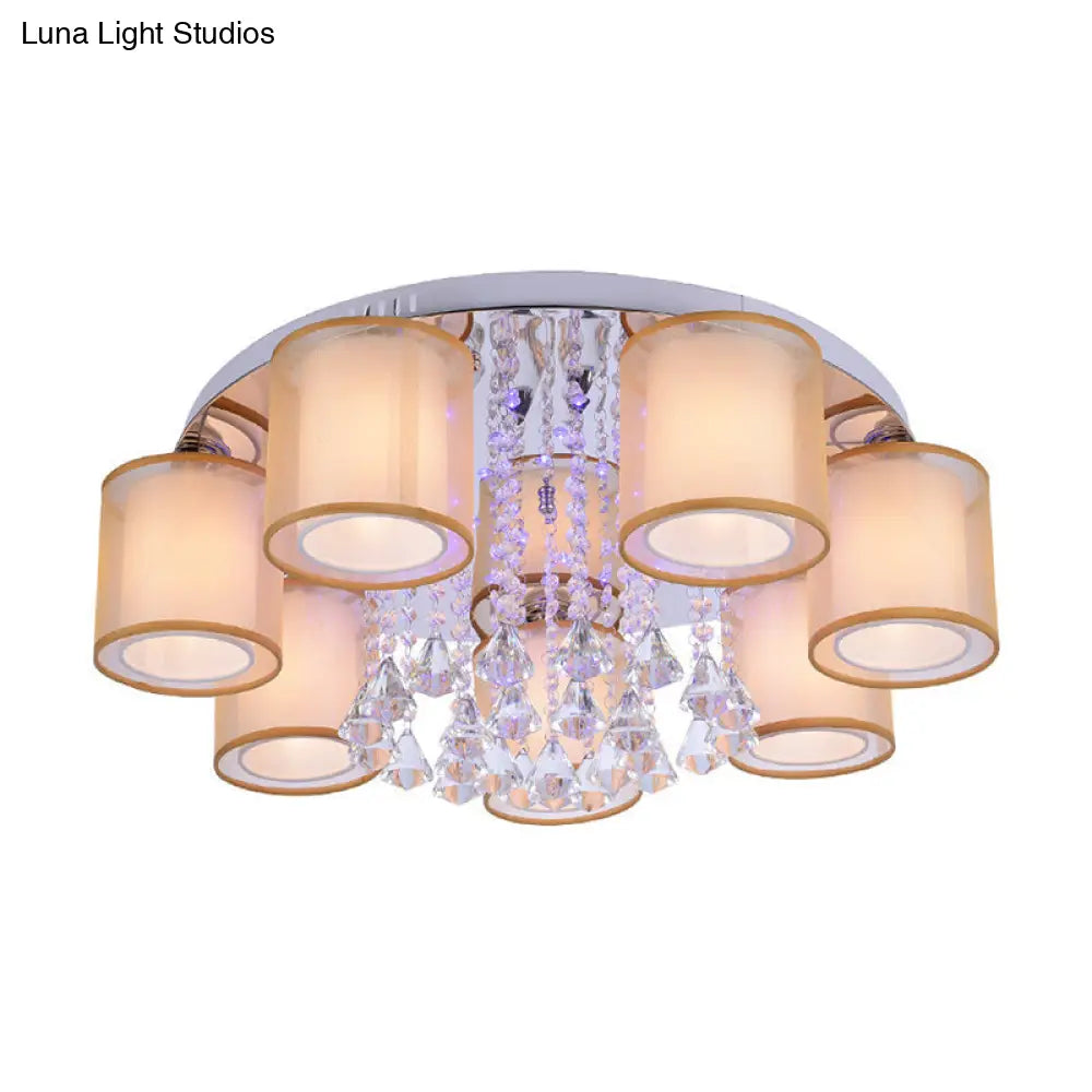 Modern Chrome Sheepskin Ceiling Light With Clear Crystal Accent - 3/7 Lights Cylinder Flush Mount