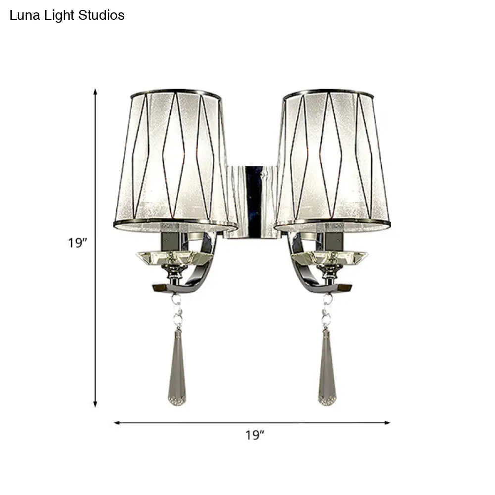 Modern Chrome Wall Lamp With K9 Crystal Drop And Diamond-Pattern Barrel Design