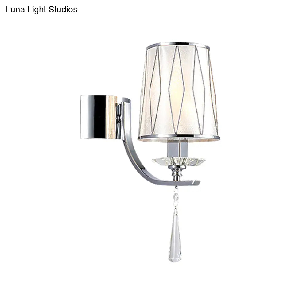 Modern Chrome Wall Lamp With K9 Crystal Drop And Diamond-Pattern Barrel Design