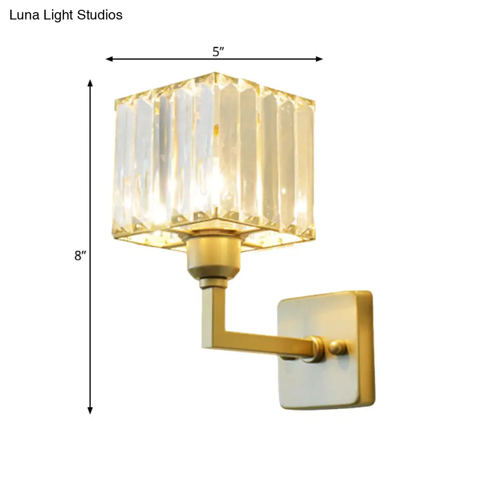 Modern Clear Crystal Block Wall Sconce Light With Gold Finish Ideal For Bedroom Lighting