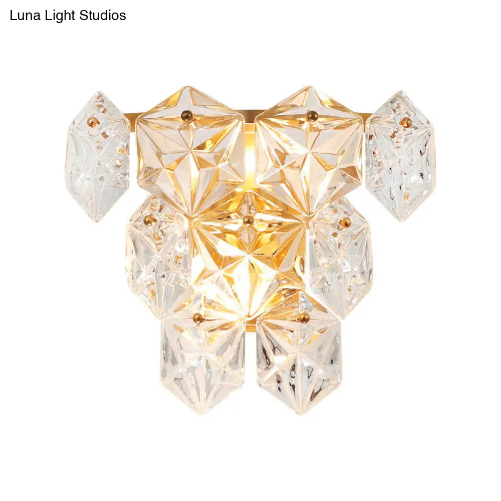 Modern Clear Crystal Hexagon Wall Light With Brass Finish - 2 Lights 8.5/12.5 Width Perfect For